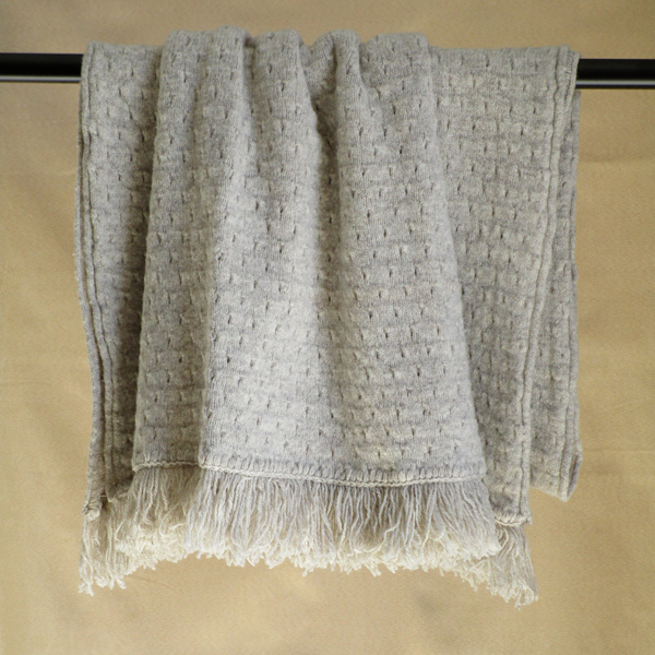 pointelle blanket with fringed ends light gray